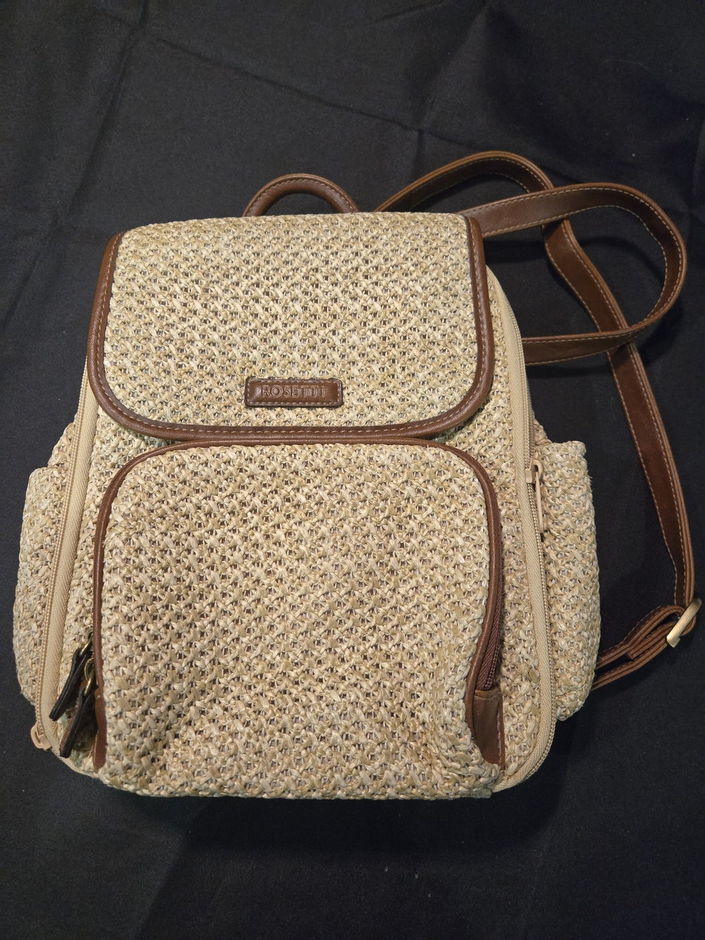 Rosetti Beige Woven Backpack with Brown Trim